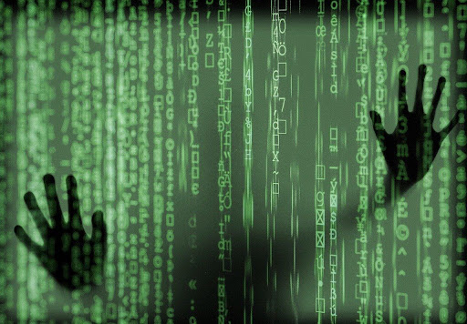 green matrix background with hands