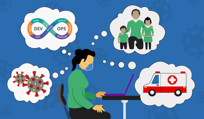 DevOps programmer at home computer with thoughts of family and COVID-19