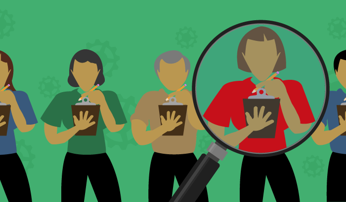 A line of people seen through a magnifying glass